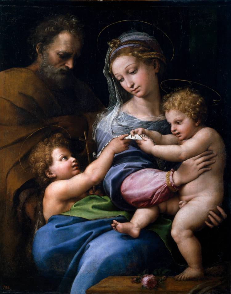 Raphaël, La Sainte Famille avec le petit saint Jean Baptiste,dite Madone à la rose, vers 1516. Huile sur bois transposée surtoile. H. 103 ; l. 84 cm. Madrid, Museo Nacional