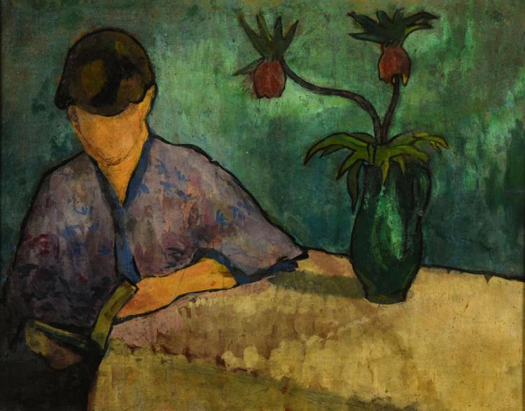 Femme au kimono à la lecture, Émile Bernard Huile sur papier marouflé sur toile, 5à x 40 cm Non datée