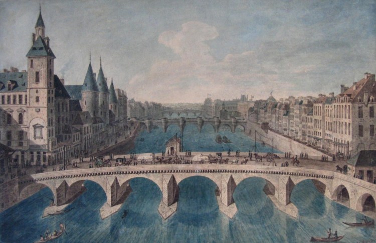 Le Pont au Change, le palais (conciergerie) et la Seine vers l'aval, actuel 1er arrondissement, entre 1801 et 1850, Angelo Garbizza, Dessin, 52,6 x 34,4 cm, Paris Musée Carnavalet