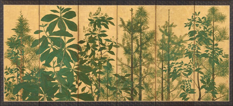 SOTATSU SCHOOL, INEN SEAL. JAPANESE, EDO PERIOD, Trees. Sotatsu School, Inen seal. , mid-17th century, Ink, color and gold on paper, 154 × 357.8 cm